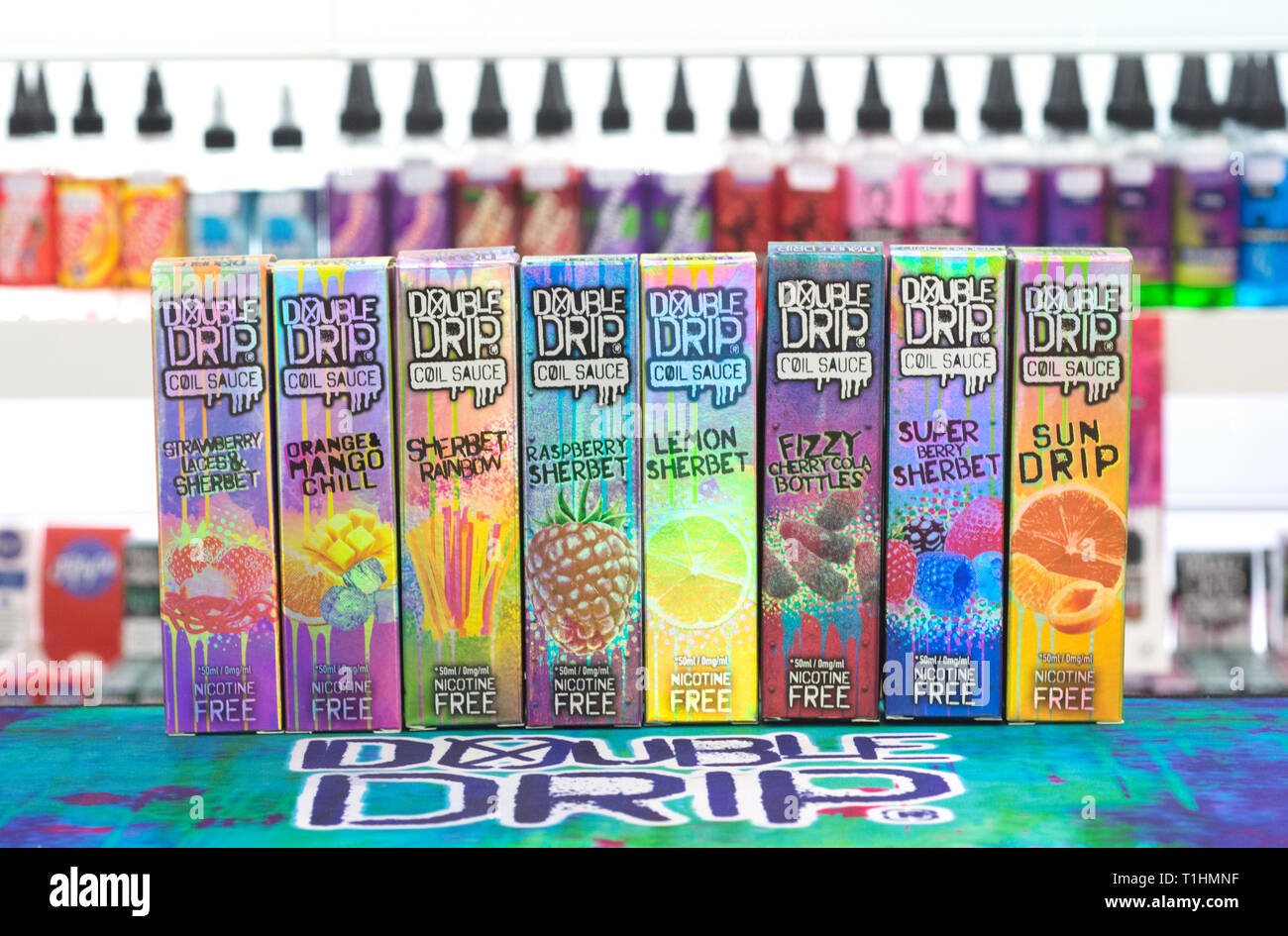 Sweet flavoured e-liquid on display inside a Scottish vape shop an  alternative to smoking Stock Photo - Alamy