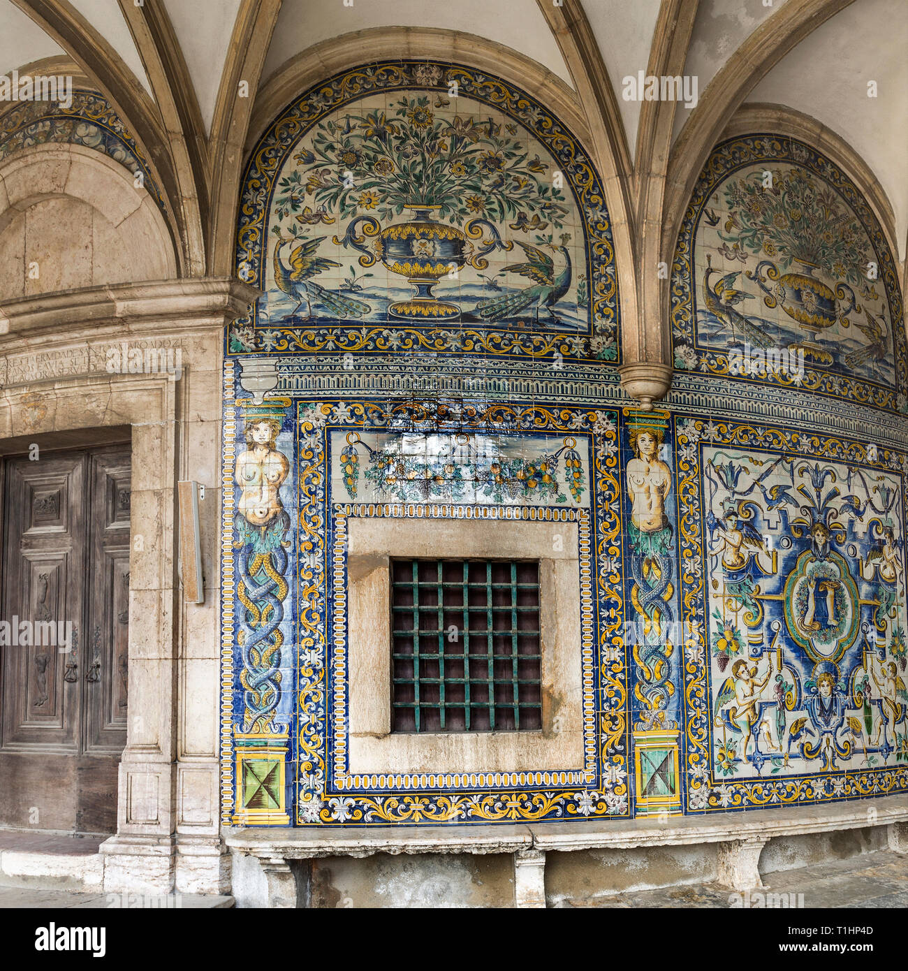 Detail of the 17th century polychromic tiles in mannerist style covering the walls of the front porch of the Chapel of Saint Amaro, in Lisbon, Portuga Stock Photo