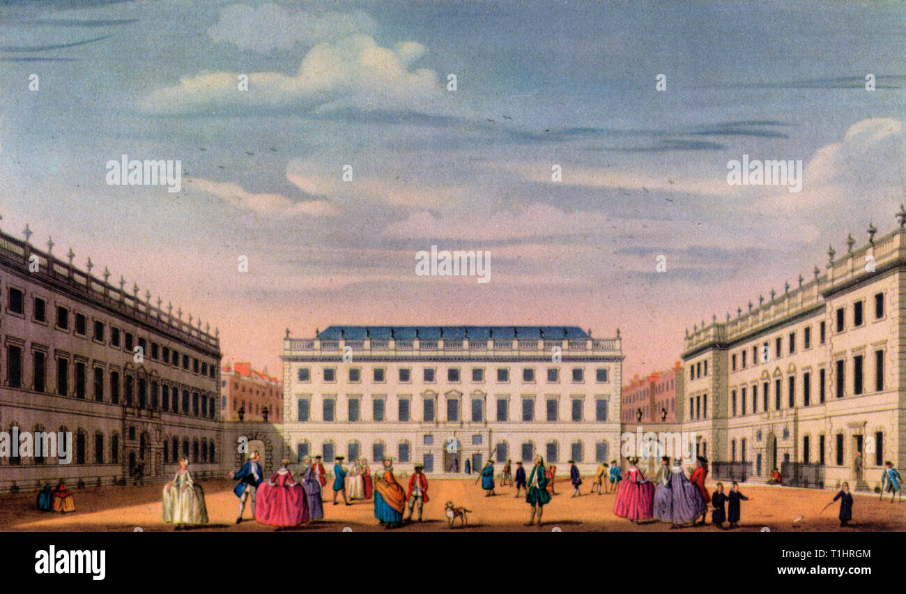 'St Bartholomew's Hospital, London', 1752. By Thomas Jefferys (1695-1771). St Bartholomew's Hospital (St Barts) is the oldest hospital in London, and was founded in 1123. It is the oldest hospital in the United Kingdom that still occupies its original site. The main square was designed by James Gibbs in the 1730s. Three of the four original blocks survive, including the block containing the Great Hall. Stock Photo