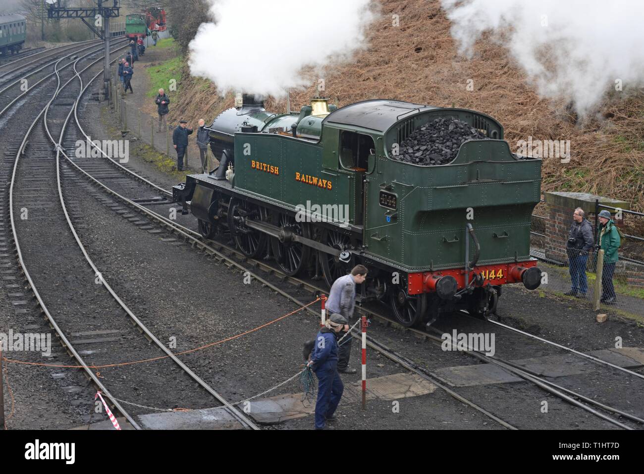 Great Western Railway steam locomotive 4144 watched by rail enthusiasts ...