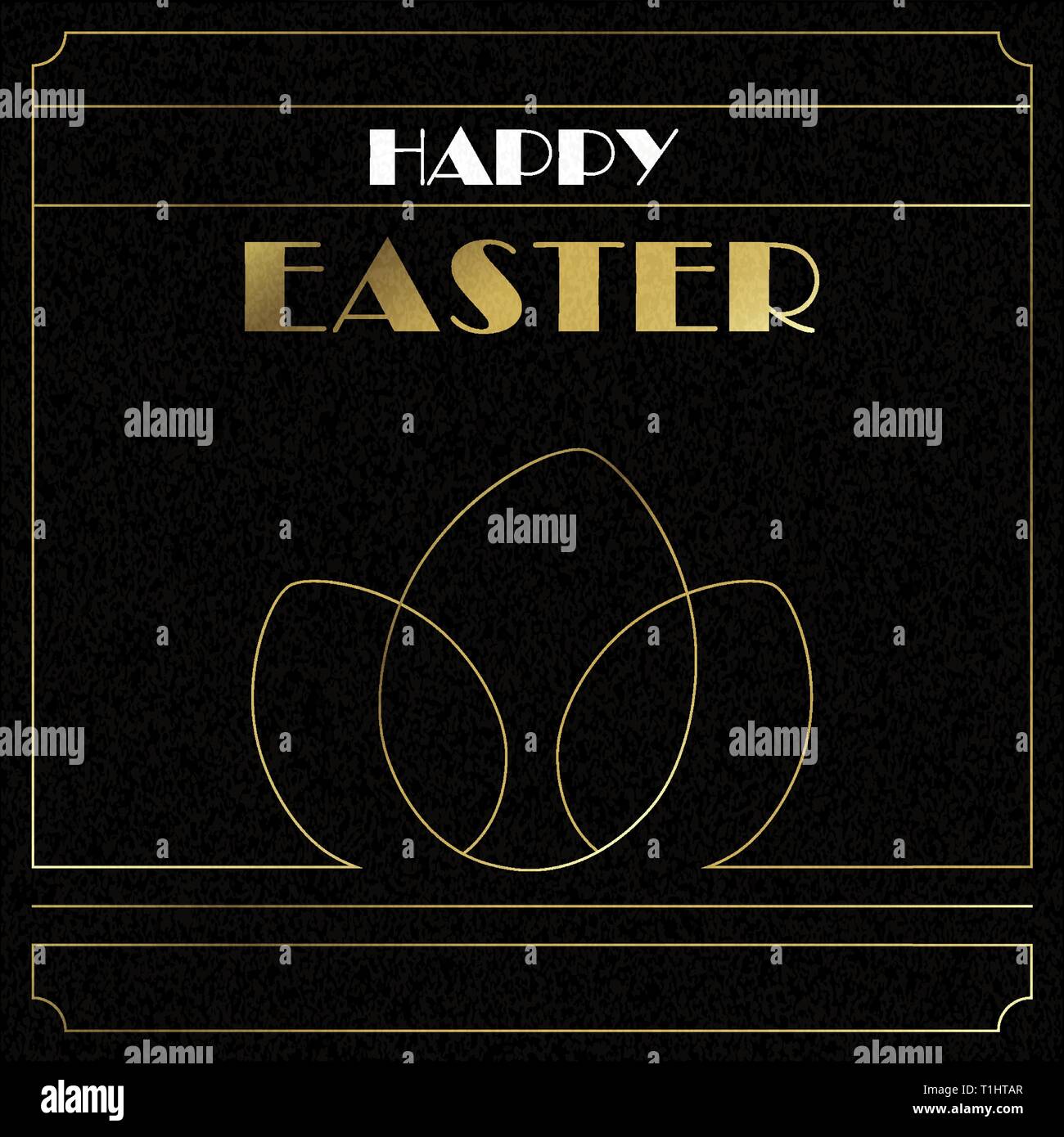 Happy Easter greeting card illustration in gold vintage art deco style