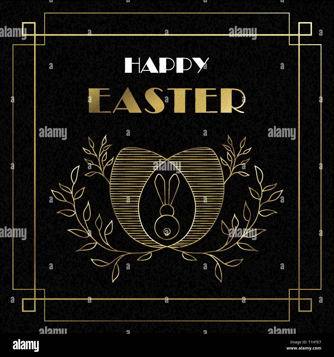 Happy Easter greeting card illustration in gold vintage art deco style