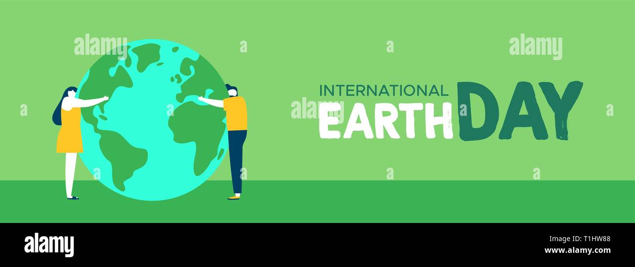 International Earth Day web banner illustration of people hugging planet together. World environment and nature care concept for social support. Stock Vector