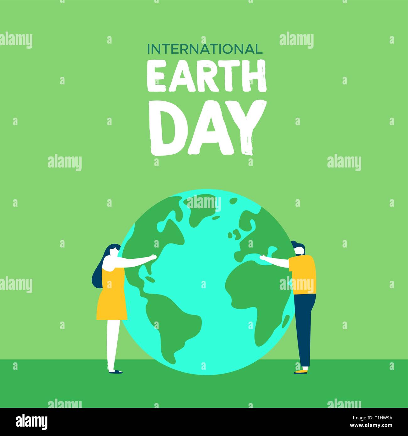 International Earth Day illustration of people in love with mother nature and planet care together. World global environment support through social co Stock Vector