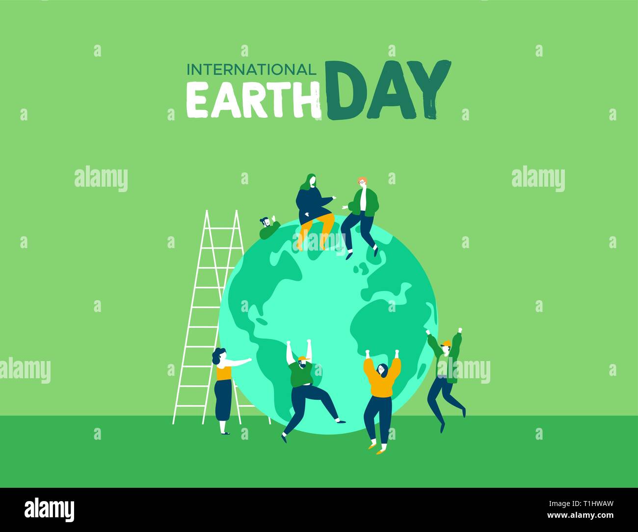 International Earth Day illustration of young people friend group celebrating. World environment and nature care concept for social support. Stock Vector
