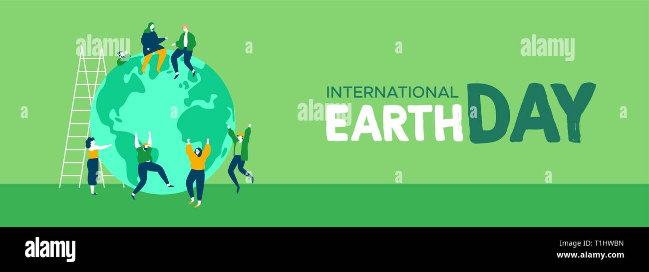 International Earth Day web banner illustration of young people friend group celebrating. World environment and nature care concept for social support Stock Vector