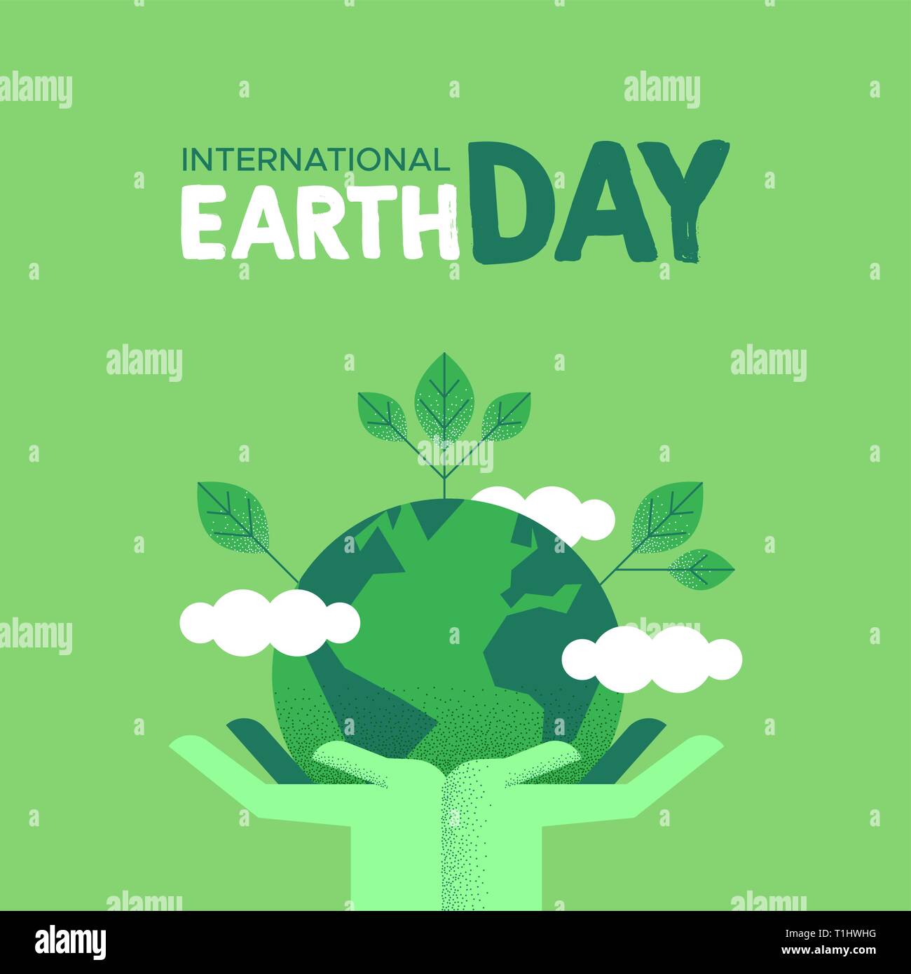 International Earth Day illustration of green human hands holding planet with leaves. Social environment care awareness concept. Stock Vector