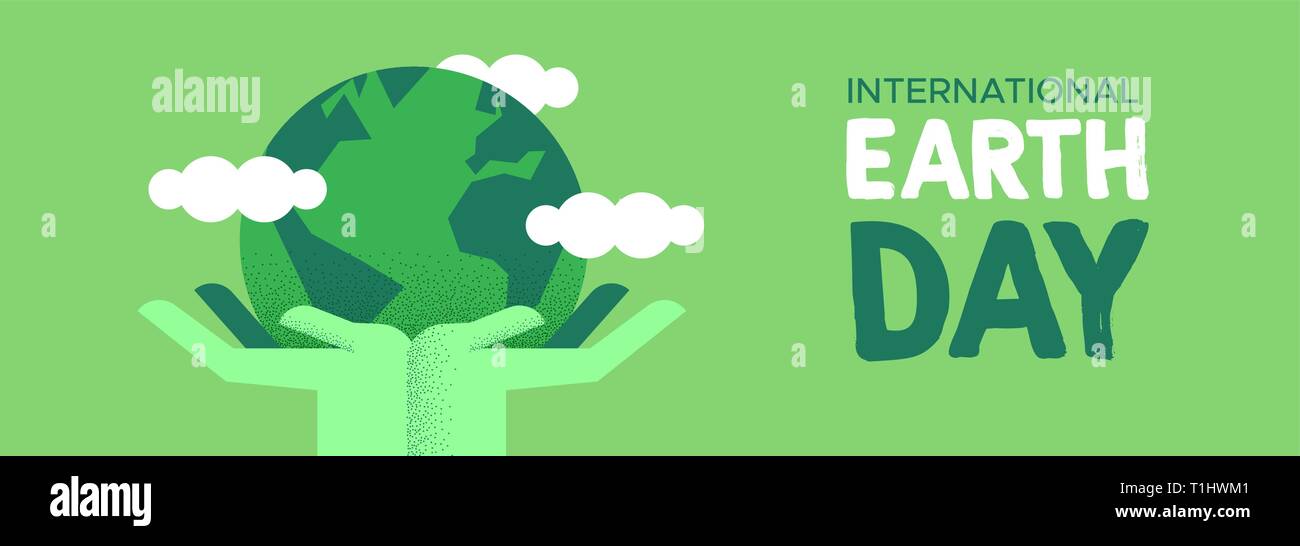 International Earth Day web banner illustration of green human hands holding planet with leaves. Social environment care awareness concept. Stock Vector