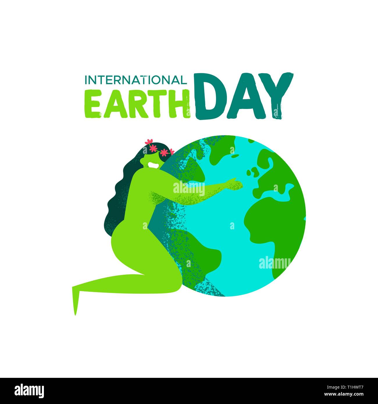 International Mother Earth Day illustration of green woman hugging the planet for environment love concept. Stock Vector