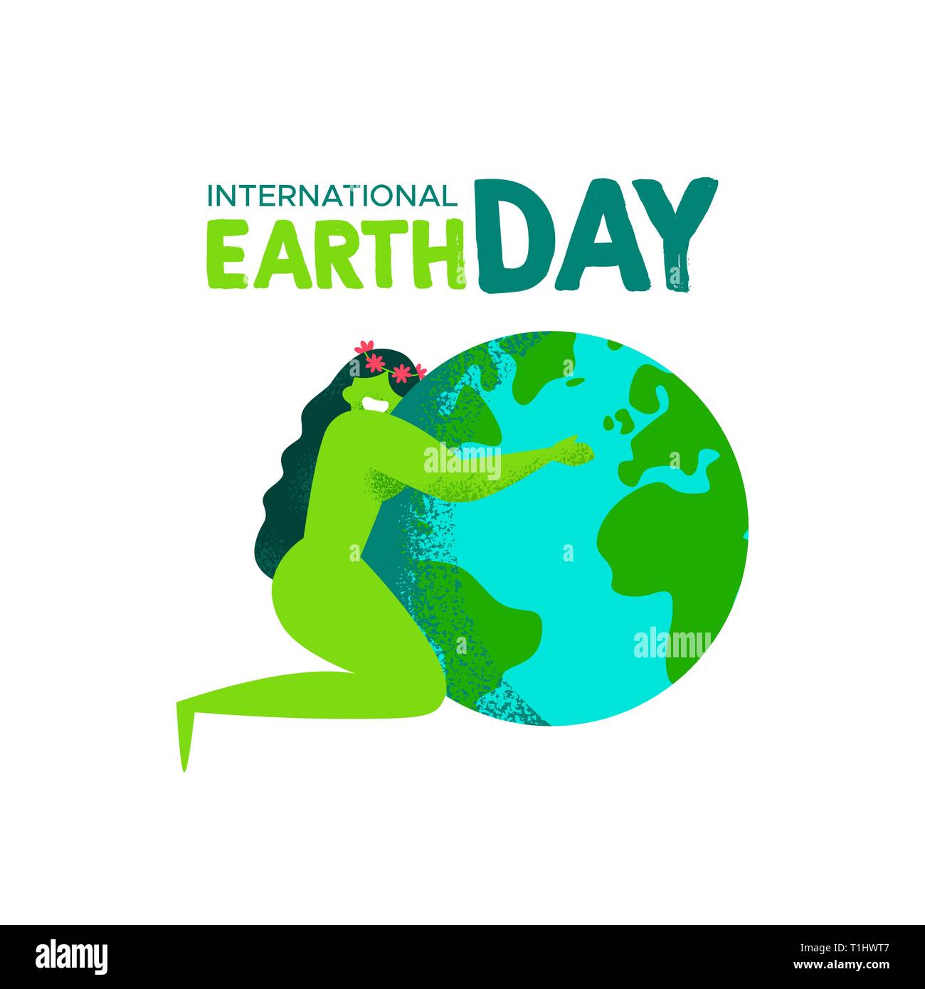 International Mother Earth Day illustration of green woman hugging the