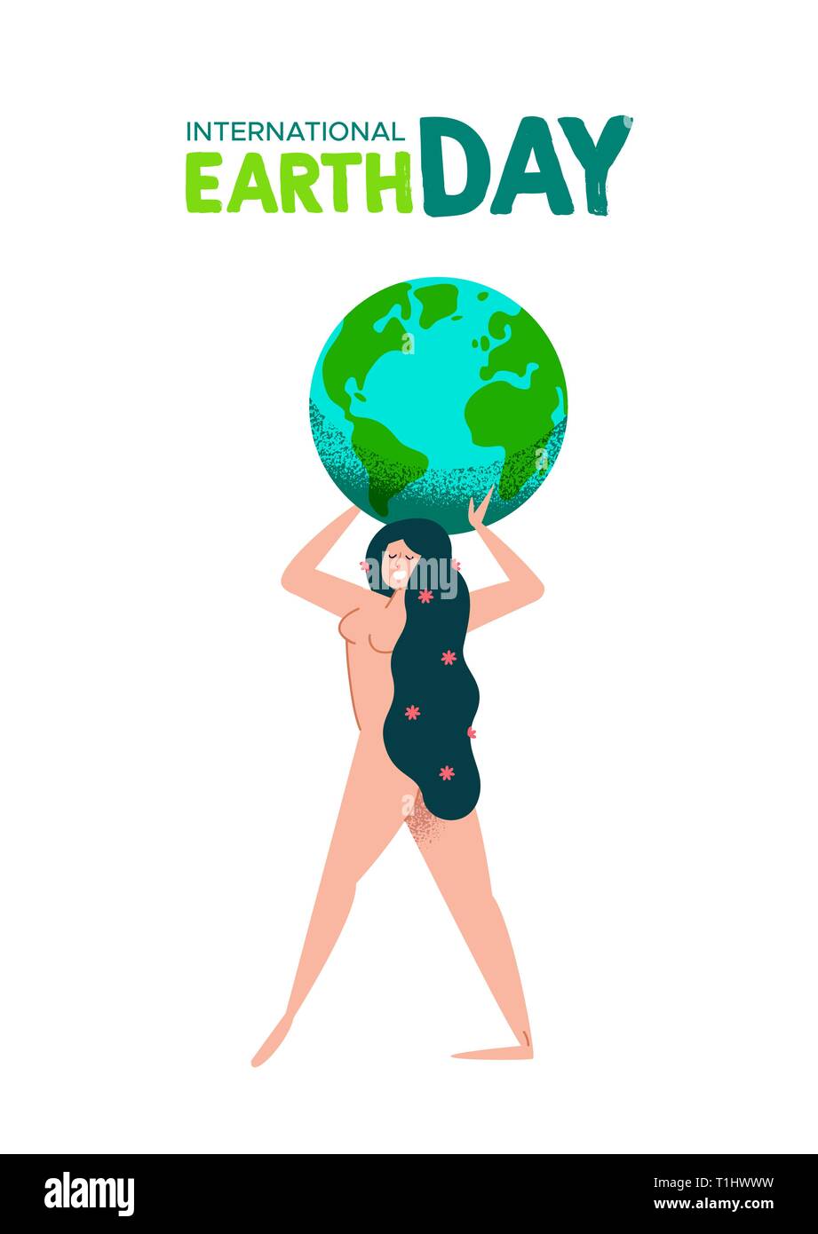 International Mother Earth Day illustration of nature woman holding the planet for environment care concept. Stock Vector