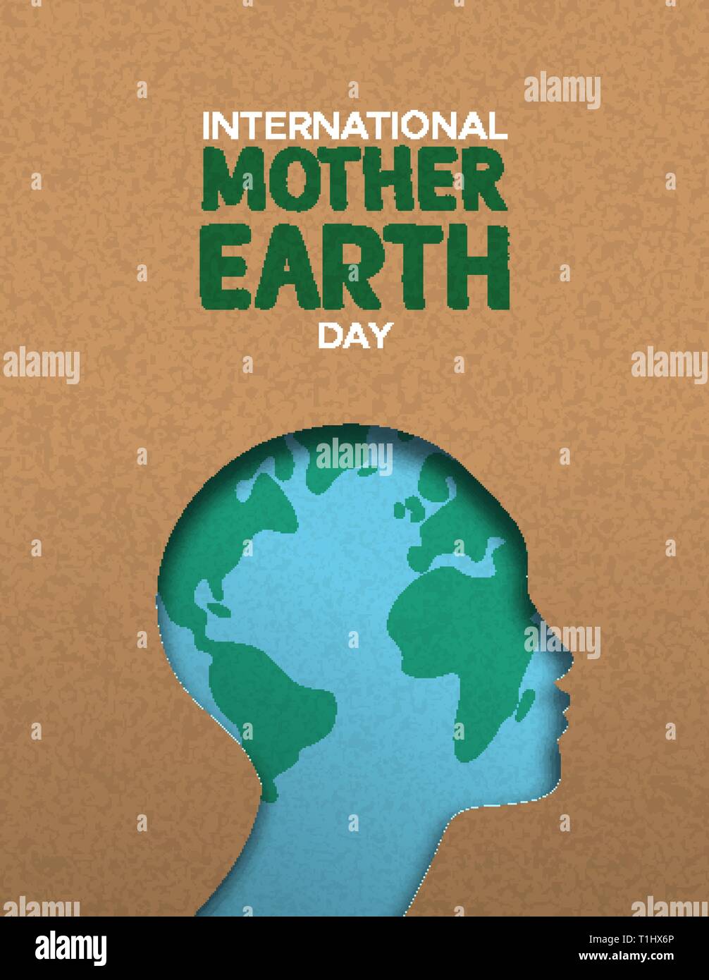 International Mother Earth Day poster illustration of papercut woman head with world map inside. Recycled paper cutout for environment conservation aw Stock Vector