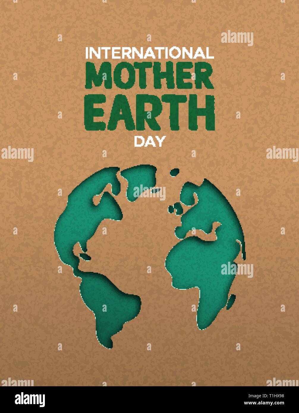 International Mother Earth Day poster illustration of green papercut world map. Recycled paper cutout for planet conservation awareness. Stock Vector