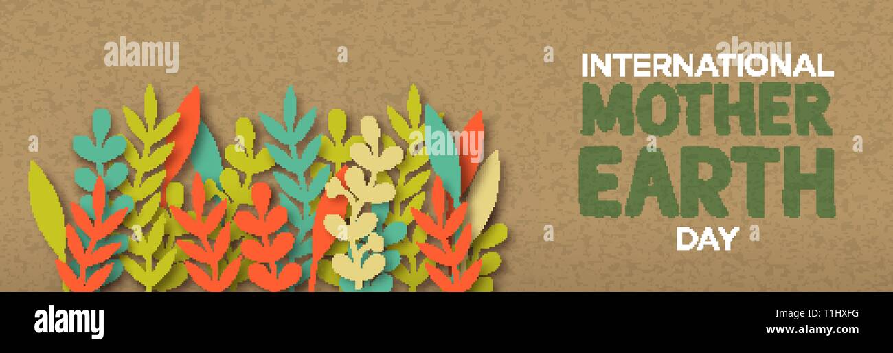 International Mother Earth Day web banner illustration of colorful papercut leaves on recycled paper background. Stock Vector