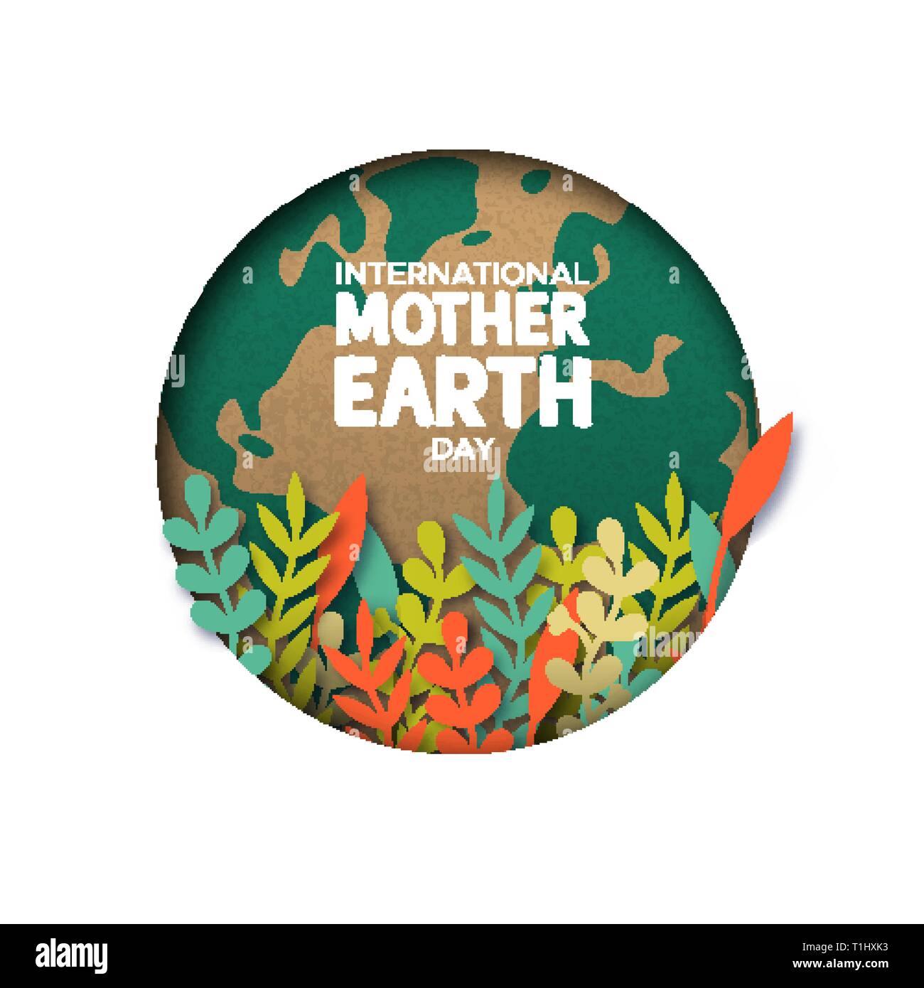 International Mother Earth Day papercut illustration. Colorful leaves inside world map cutout in recycled paper. Stock Vector