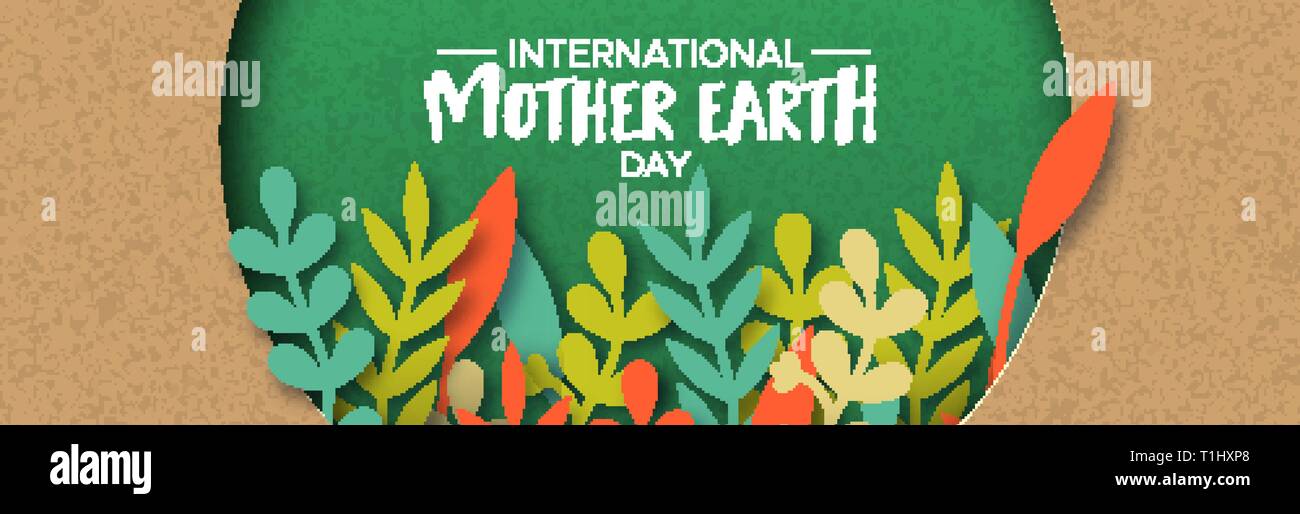 International Mother Earth Day papercut illustration. Colorful leaves inside green recycled paper cutout. Stock Vector