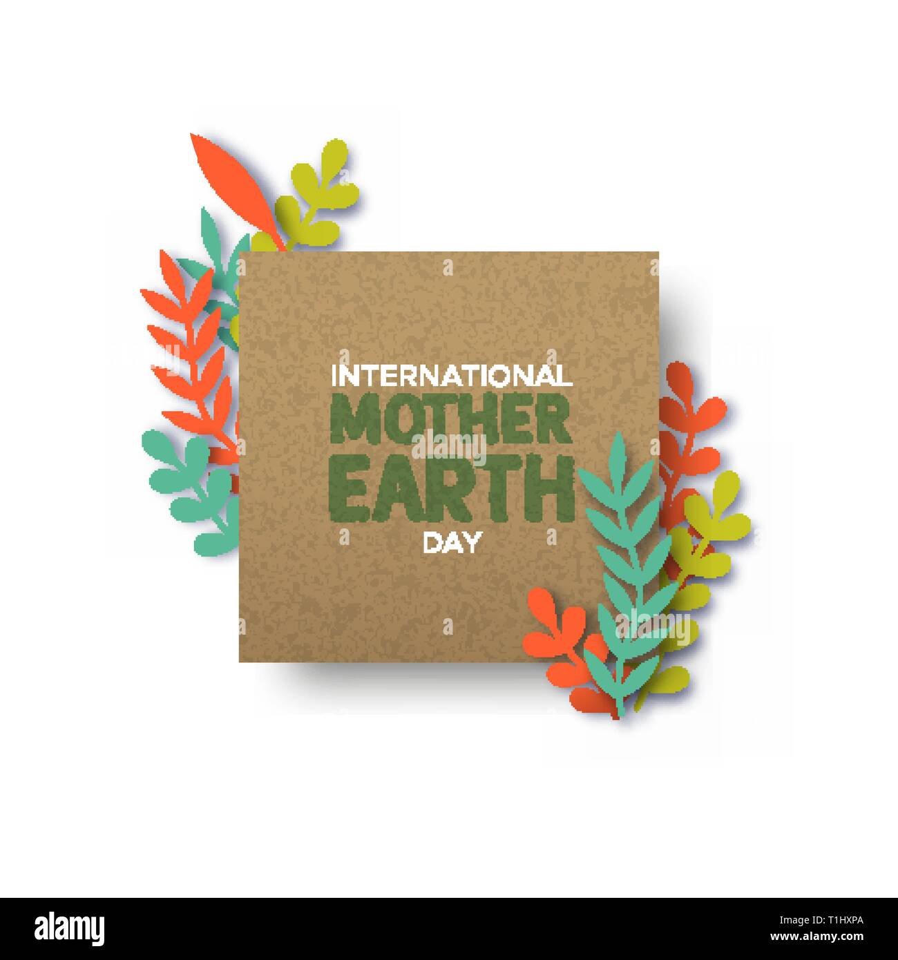 International Mother Earth Day illustration. Recycled paper frame on papercut color leaves for eco friendly concept. Stock Vector