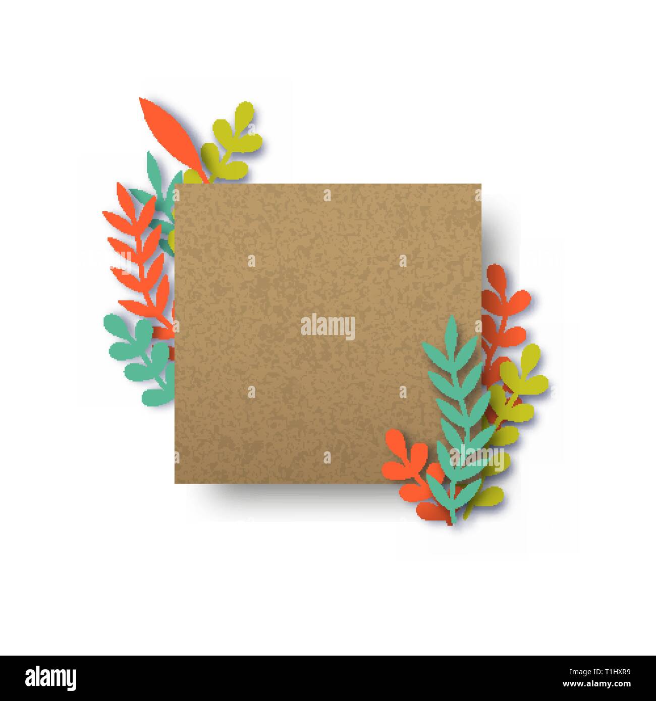 Empty recycled paper card template on top of colorful papercut leaves. Realistic 3d frame with copy space over isolated white background. Stock Vector