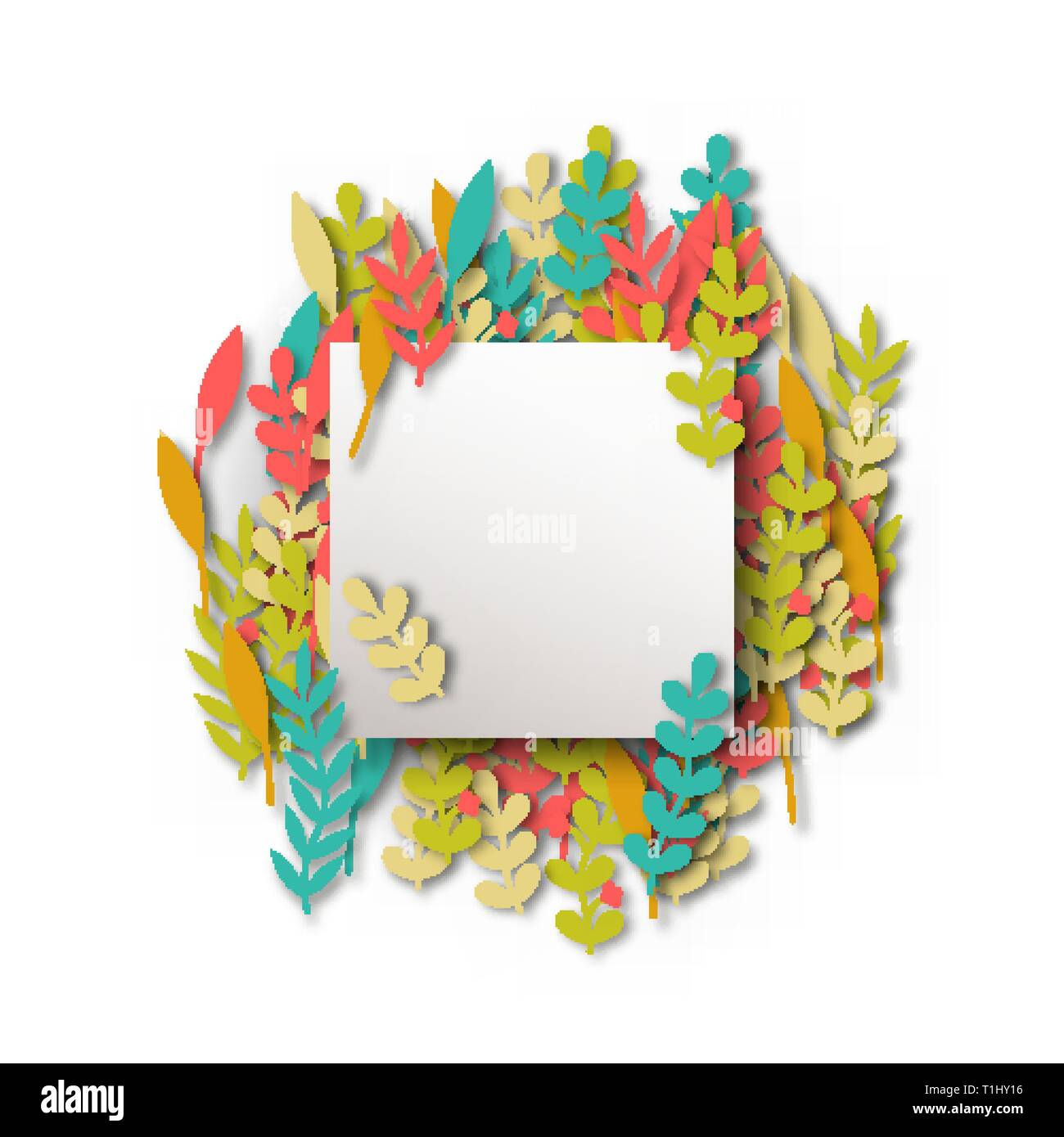 Empty paper card template on top of colorful papercut leaves. Realistic 3d frame with copy space over isolated white background. Stock Vector