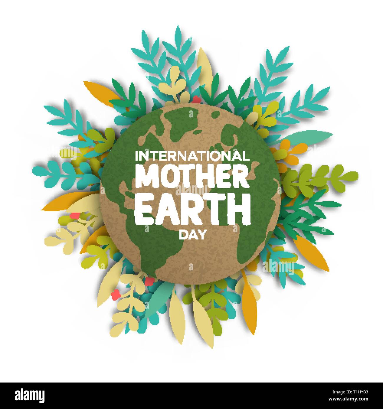 International Mother Earth Day illustration. Recycled world map paper frame on papercut color leaves for eco friendly concept. Stock Vector