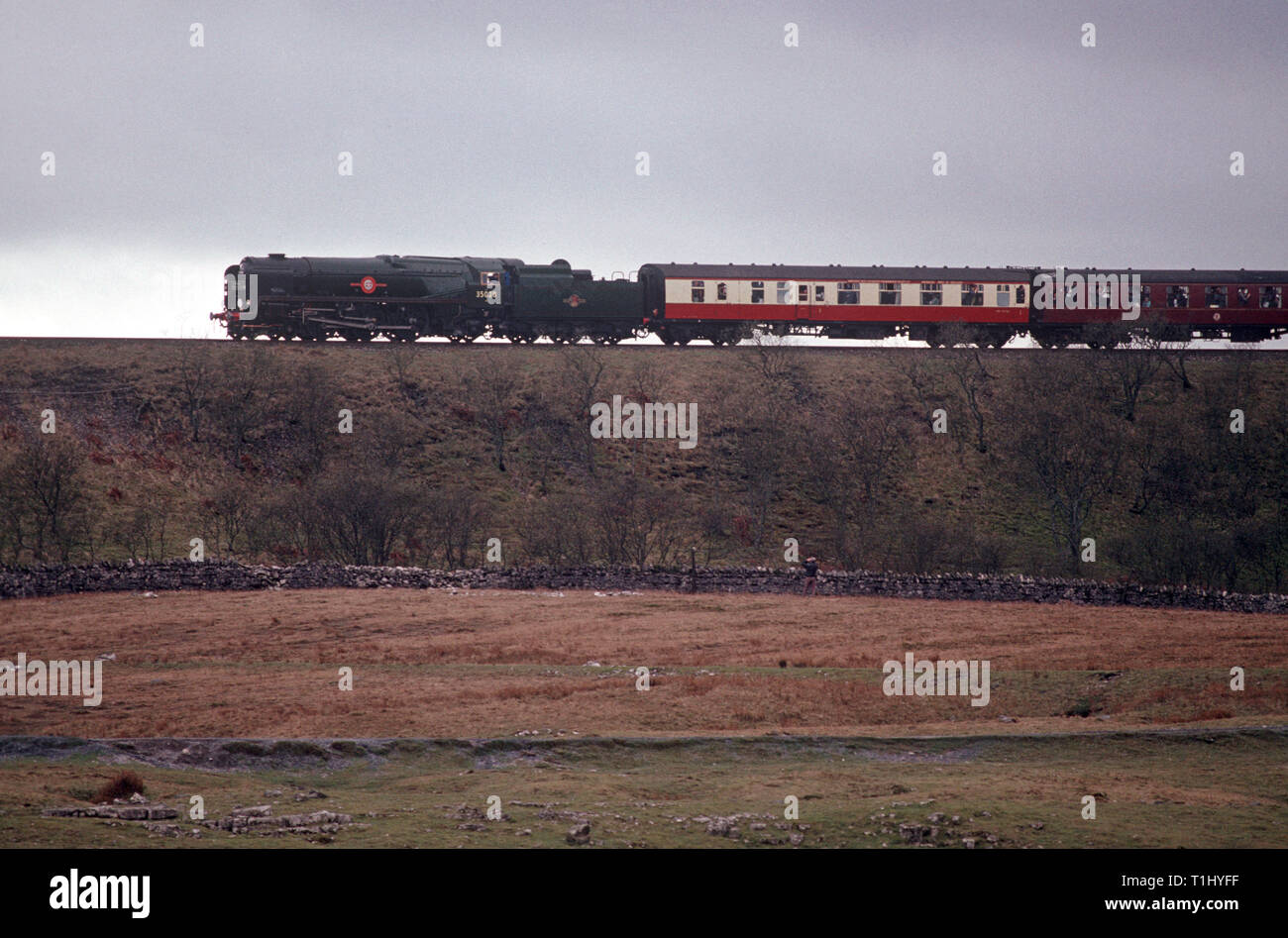 Merchant Navy Clan Line Locomotive 35028 on the Settle to Carlisle railway line, Northern England Stock Photo