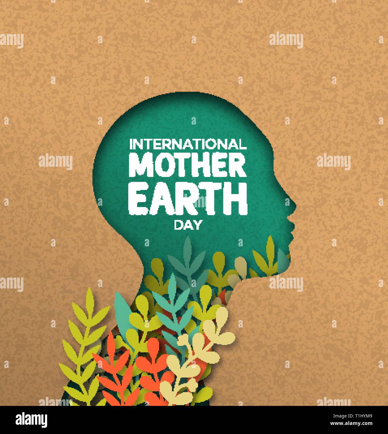 International Mother Earth Day poster illustration of papercut woman head with colorful plant leaves inside. Recycled paper cutout for environment con Stock Vector