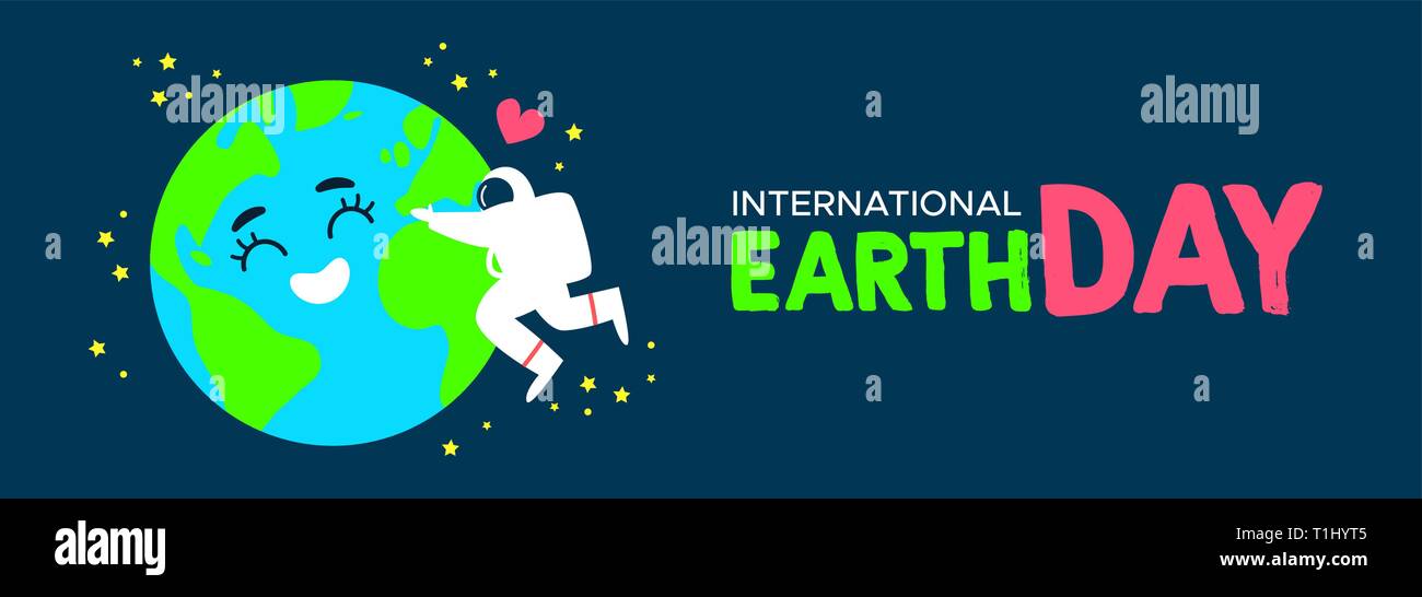 International Earth Day web banner illustration of happy astronaut hugging planet in space. World environment celebration concept. Stock Vector