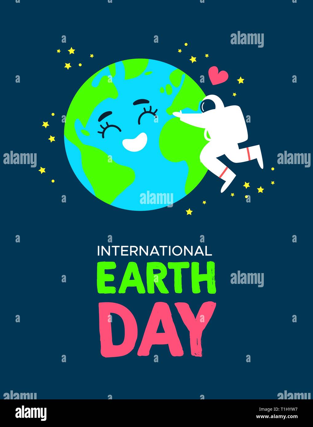 International Earth Day illustration of happy astronaut hugging planet in space. World environment celebration concept. Stock Vector