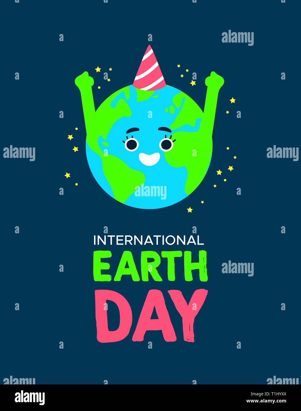 International Earth Day illustration of happy planet with birthday hat. World environment celebration concept. Stock Vector