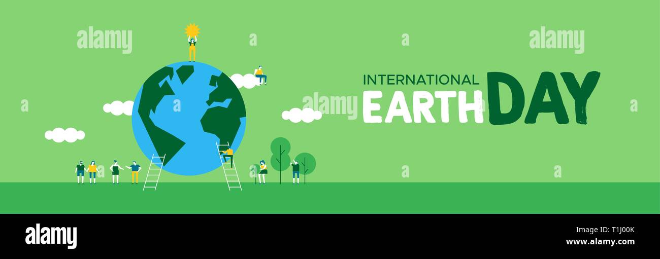 International Earth Day banner illustration of people group celebrating. World environment and nature care concept for social support. Stock Vector