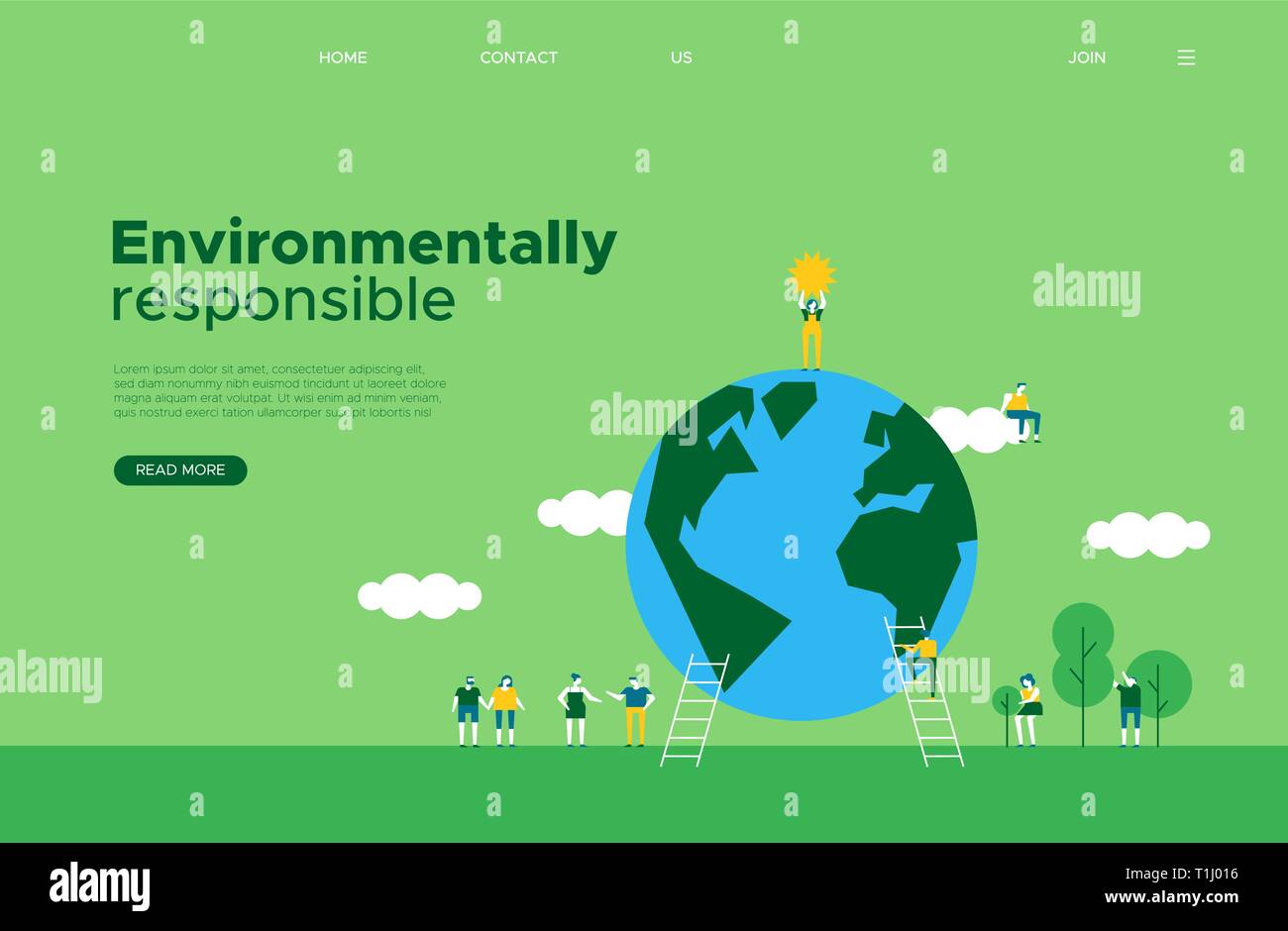 International Earth Day online web landing page template. Green planet and tiny people helping for social media project or awareness campaign. Stock Vector