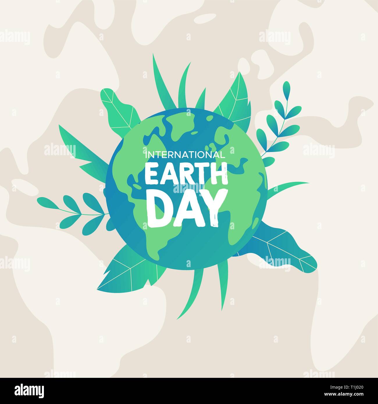 International Earth Day illustration. Green planet with tropical plant leaves for nature care and environment help. Stock Vector