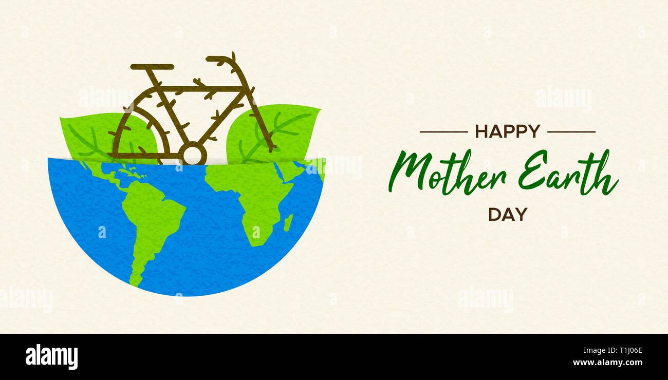 Mother Earth Day illustration of bike inside green planet for eco friendly transport and environment care. Stock Vector