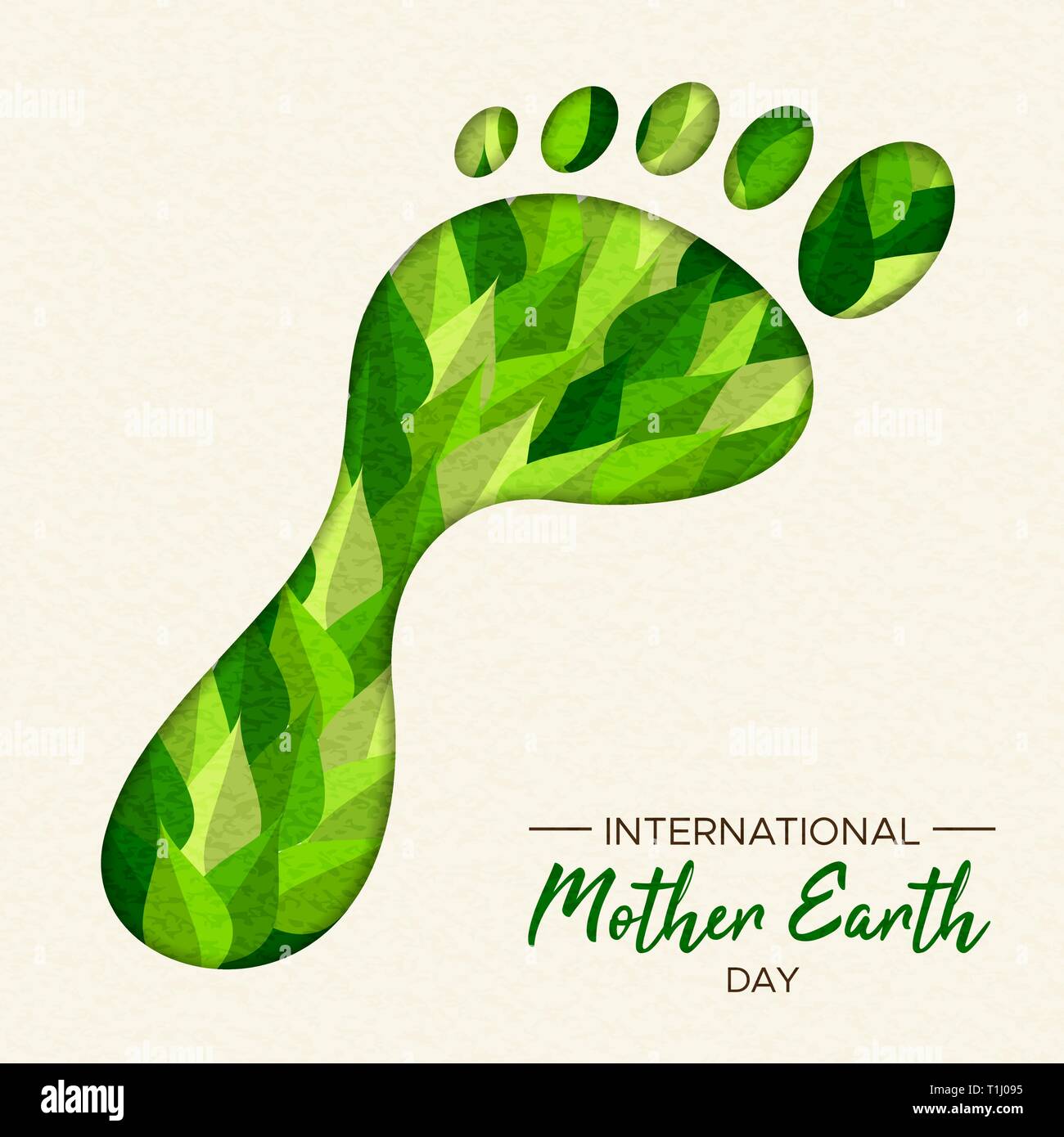International Earth Day illustration of carbon footprint concept. Green papercut forest leaves in foot cutout shape for nature care. Stock Vector