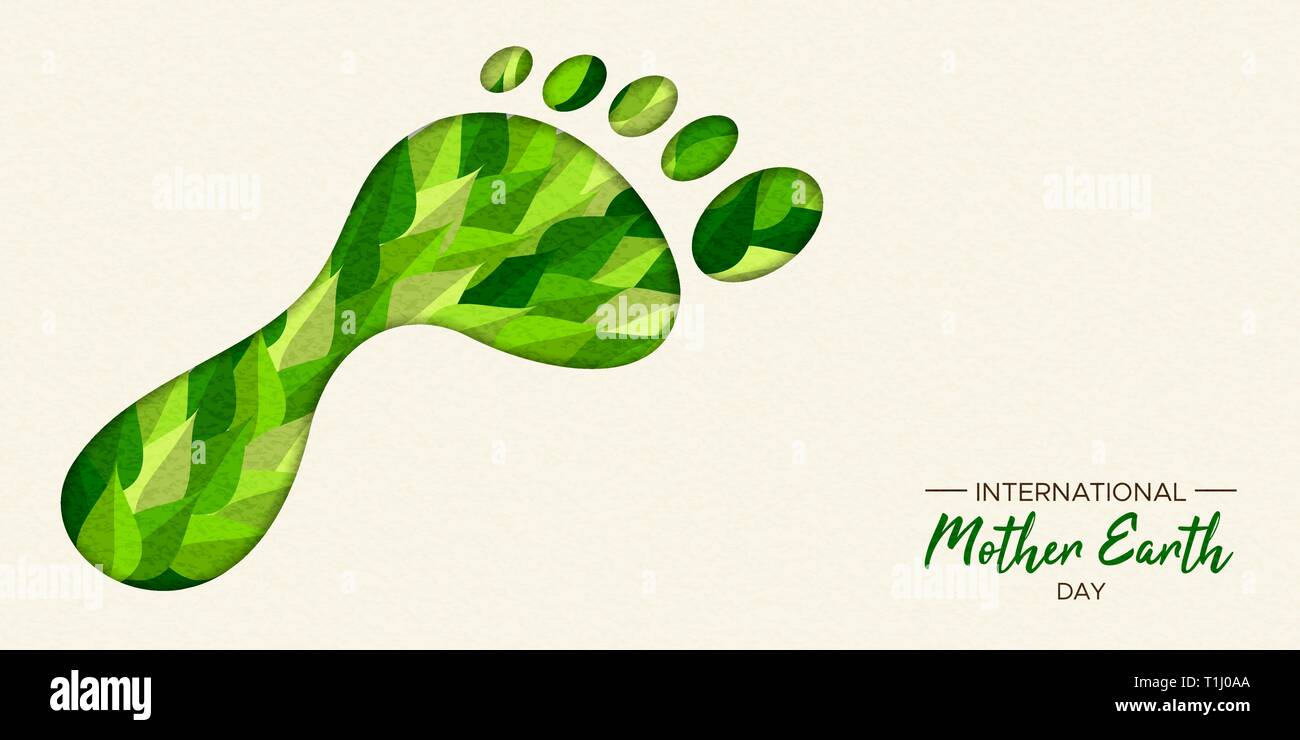 International Earth Day illustration of carbon footprint concept. Green papercut leaves in foot cutout shape for nature care. Stock Vector