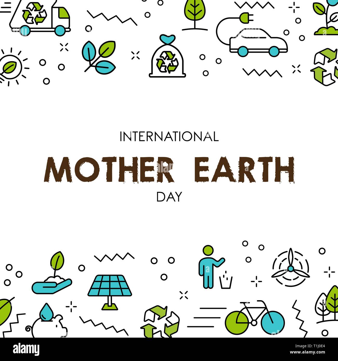 International Earth Day illustration. Green line icons and symbols for eco friendly activities, social environment awareness concept. Stock Vector