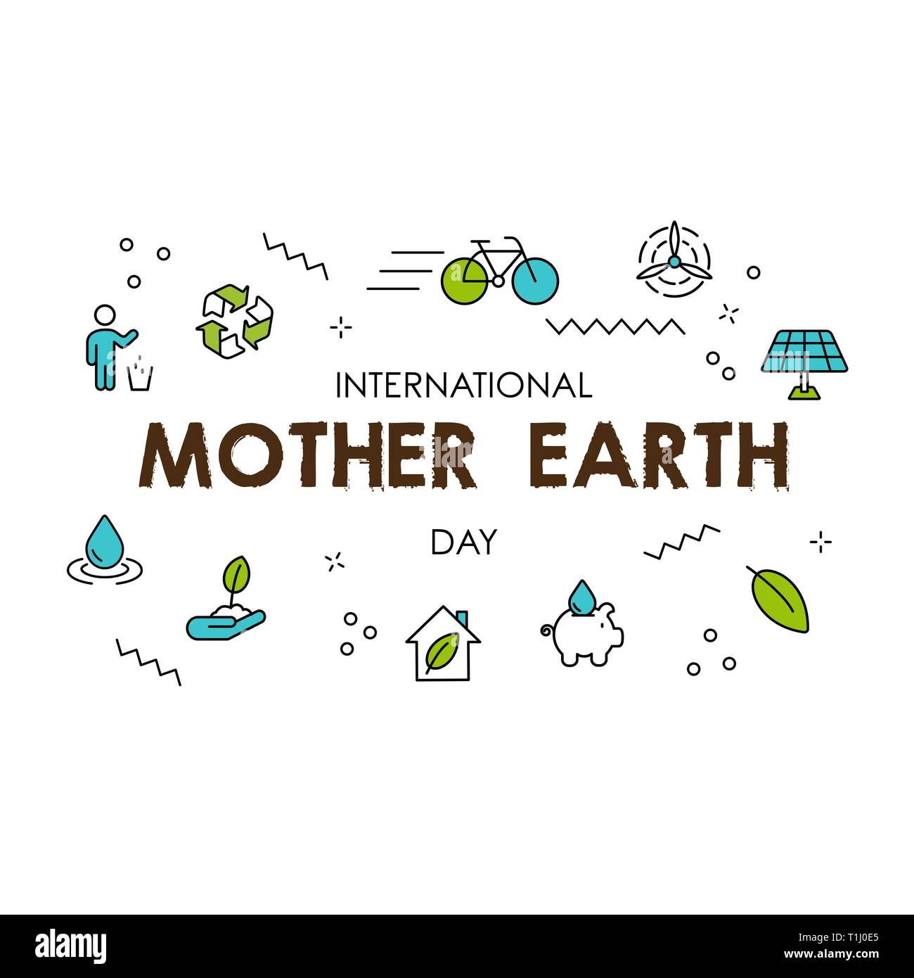 International Earth Day illustration. Green line icons and symbols for eco friendly activities, social environment awareness concept. Stock Vector