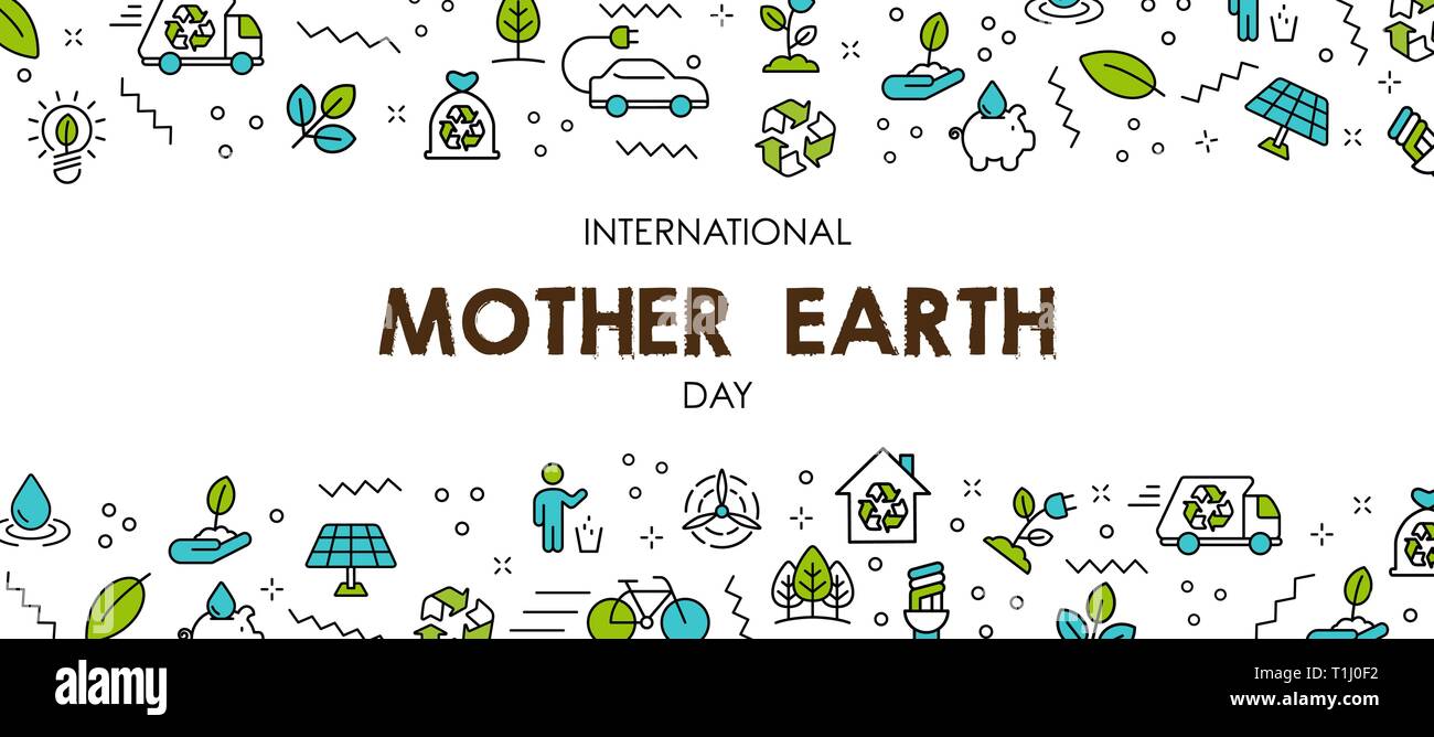 International Earth Day banner illustration. Green line icons and symbols for eco friendly activities, social environment awareness concept. Stock Vector