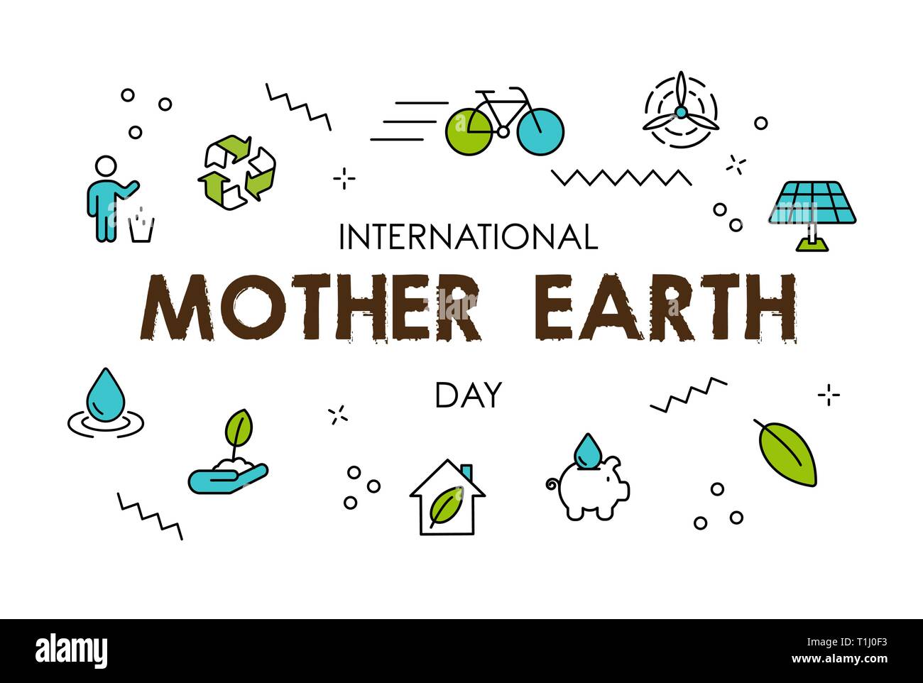 International Earth Day illustration. Green line icons and symbols for eco friendly activities, social environment awareness concept. Stock Vector