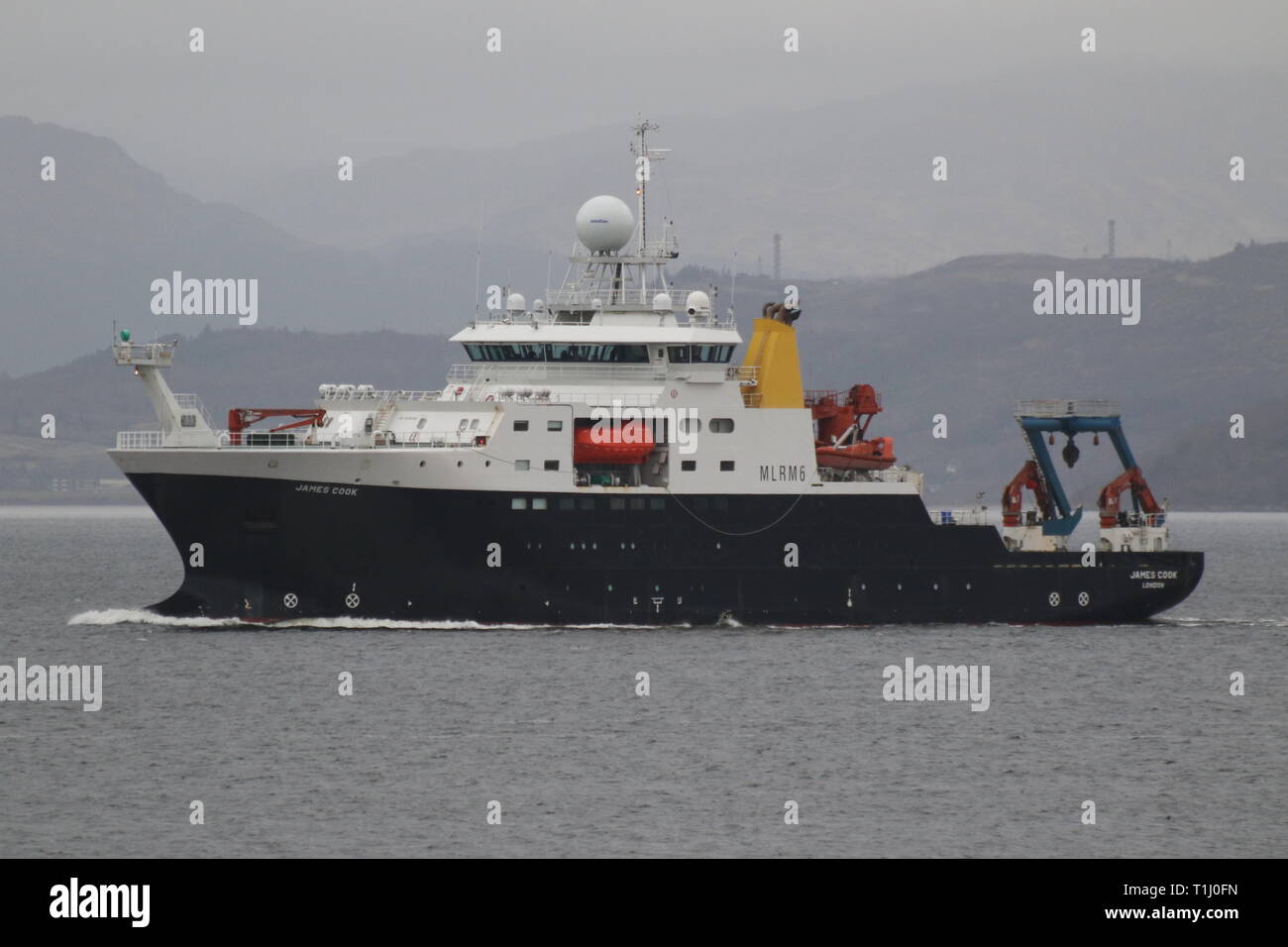 RRS James Cook, a research vessel operated by the Natural Environment Research Council, on an outbound journey after a visit to the Firth of Clyde. Stock Photo