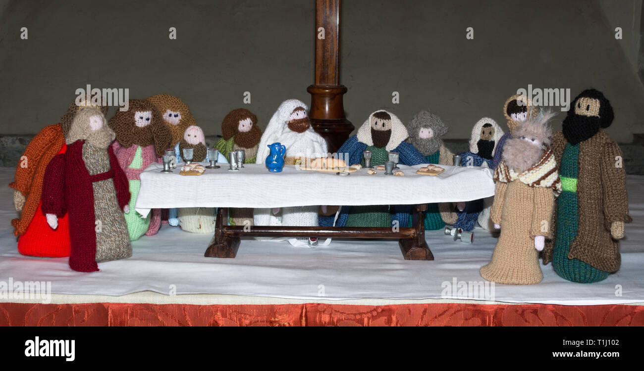 A depiction of The Last Supper with knitted characters or disciples in a Surrey village church, UK Stock Photo