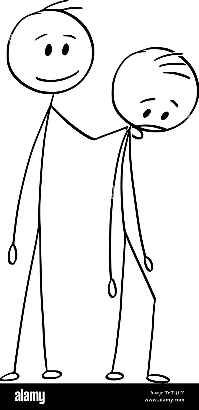 Vector cartoon stick figure drawing conceptual illustration of sad