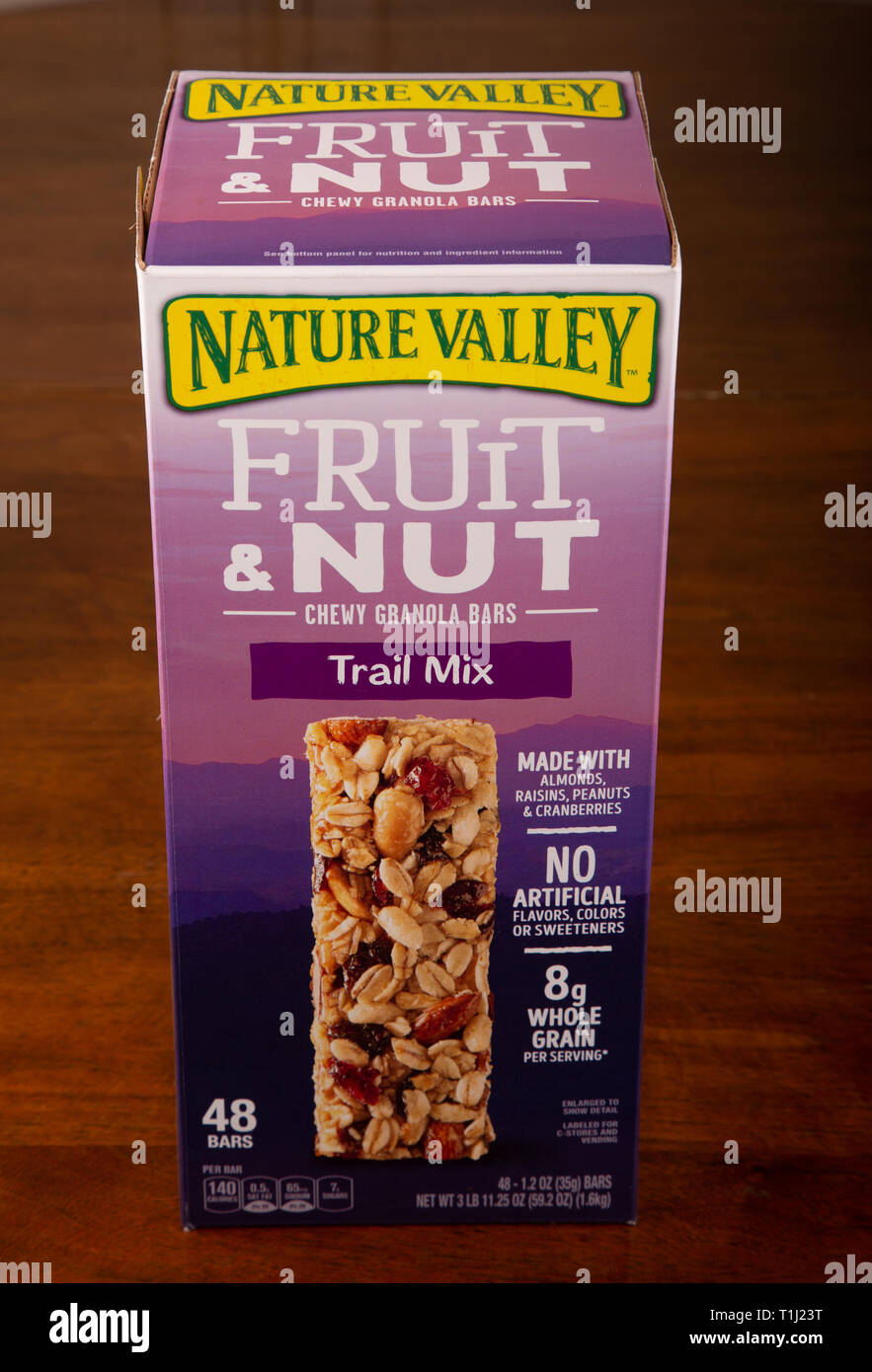 A box of Nature Valley Fruit and Nut bars on a wood table Stock Photo