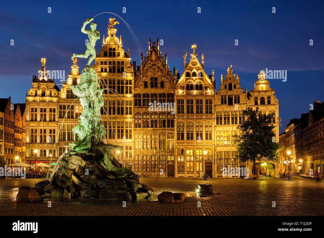 Antwerp Grote Markt with famous Brabo statue and fountain at night, Belgium Stock Photo