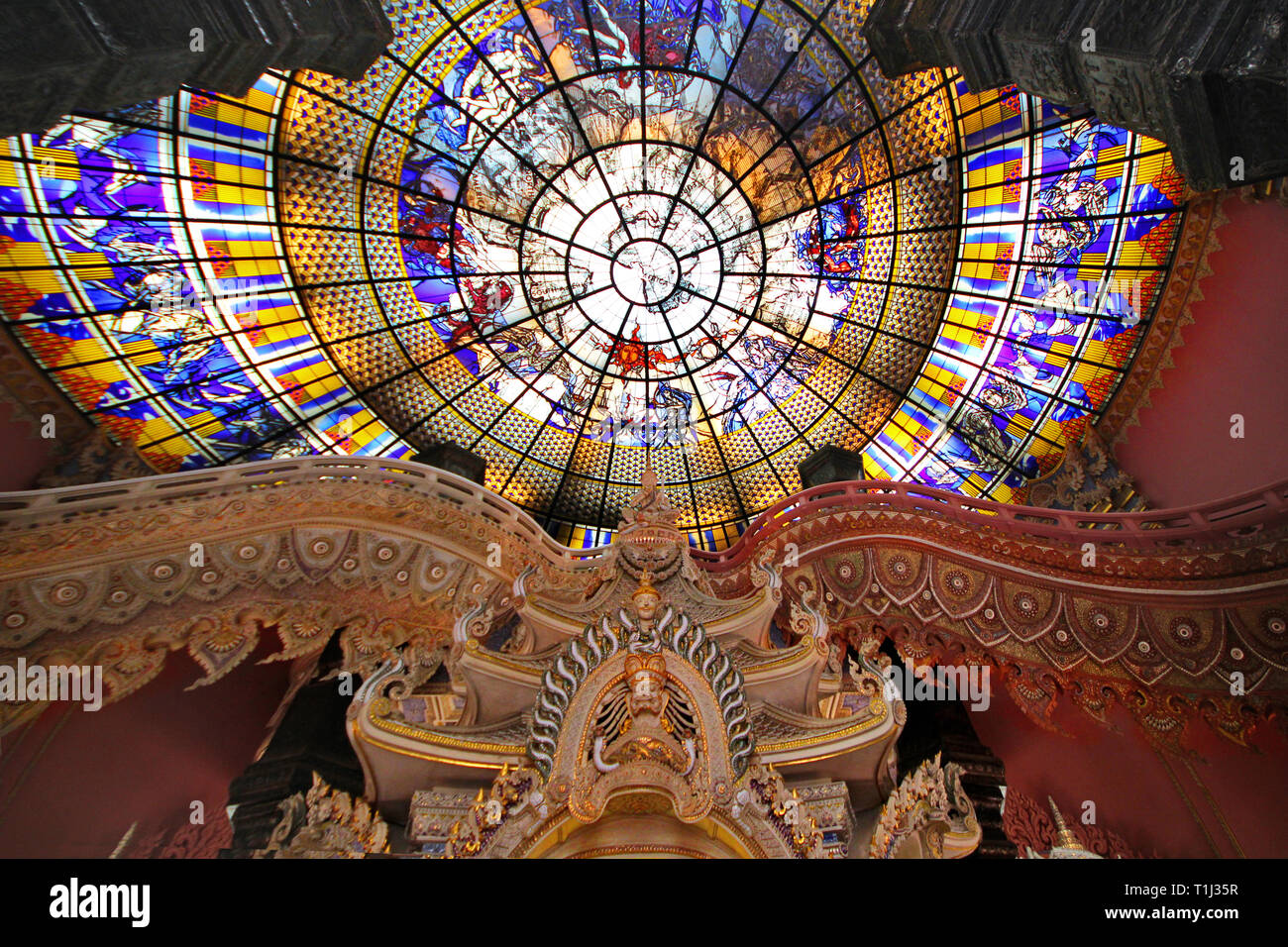 Samut Prakan,Thailand,Feb 11,2018,Take photo the art of Buddha  image in hall within three-headed elephant building at  Erawan Museum Stock Photo