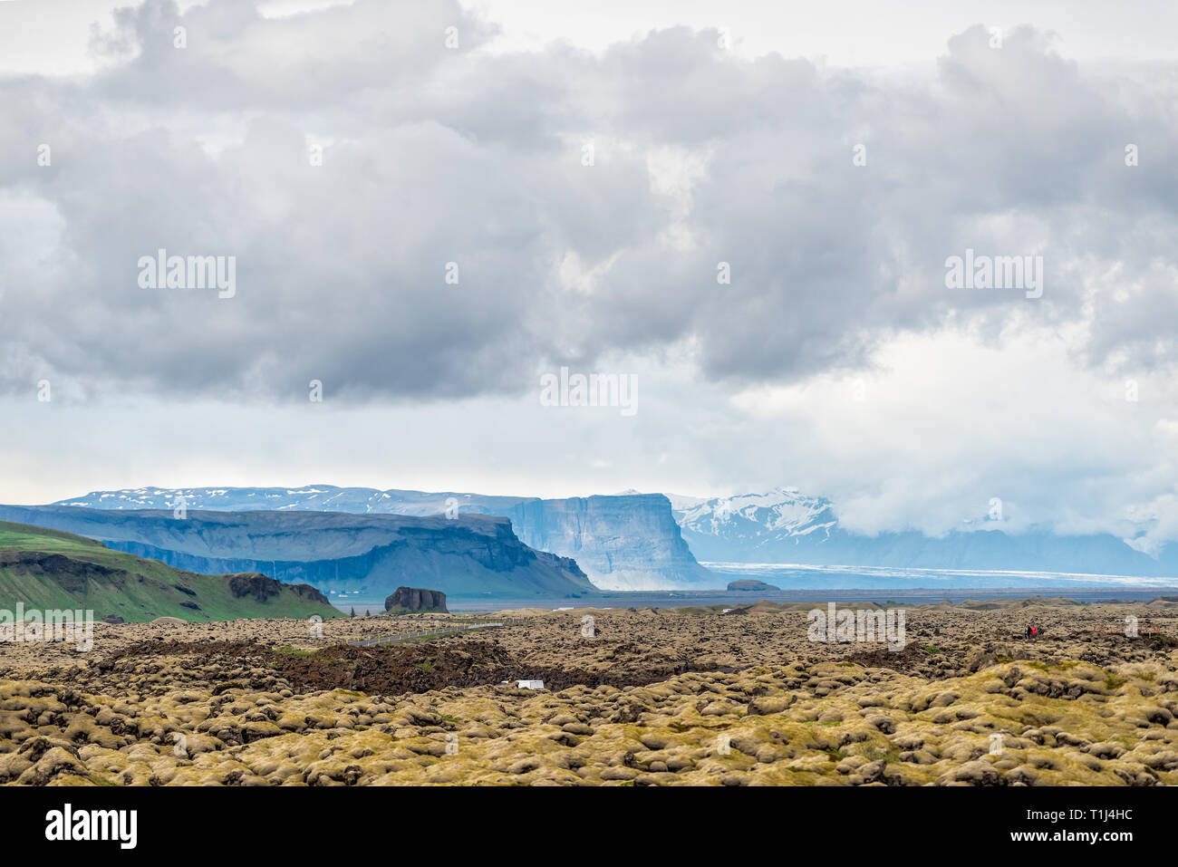 Lava Field landscape in Iceland with green yellow moss covered rocks stones in southern ring road and mountains clouds in distance Stock Photo