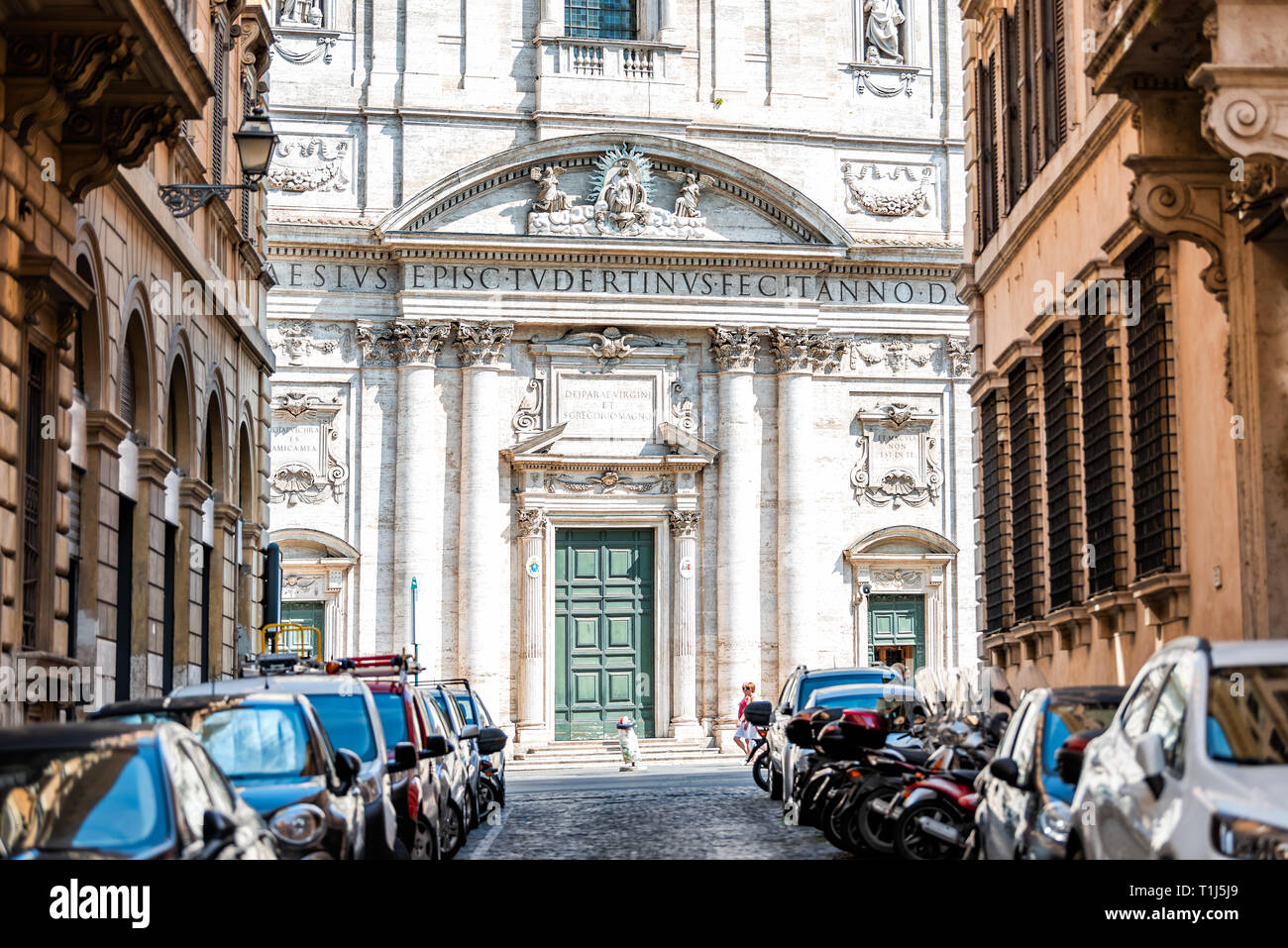 Rome, Italy - September 4, 2018: Historic city with church Oratory of Saint Philip Neri summer day between buildings on street alley exterior Vicolo d Stock Photo