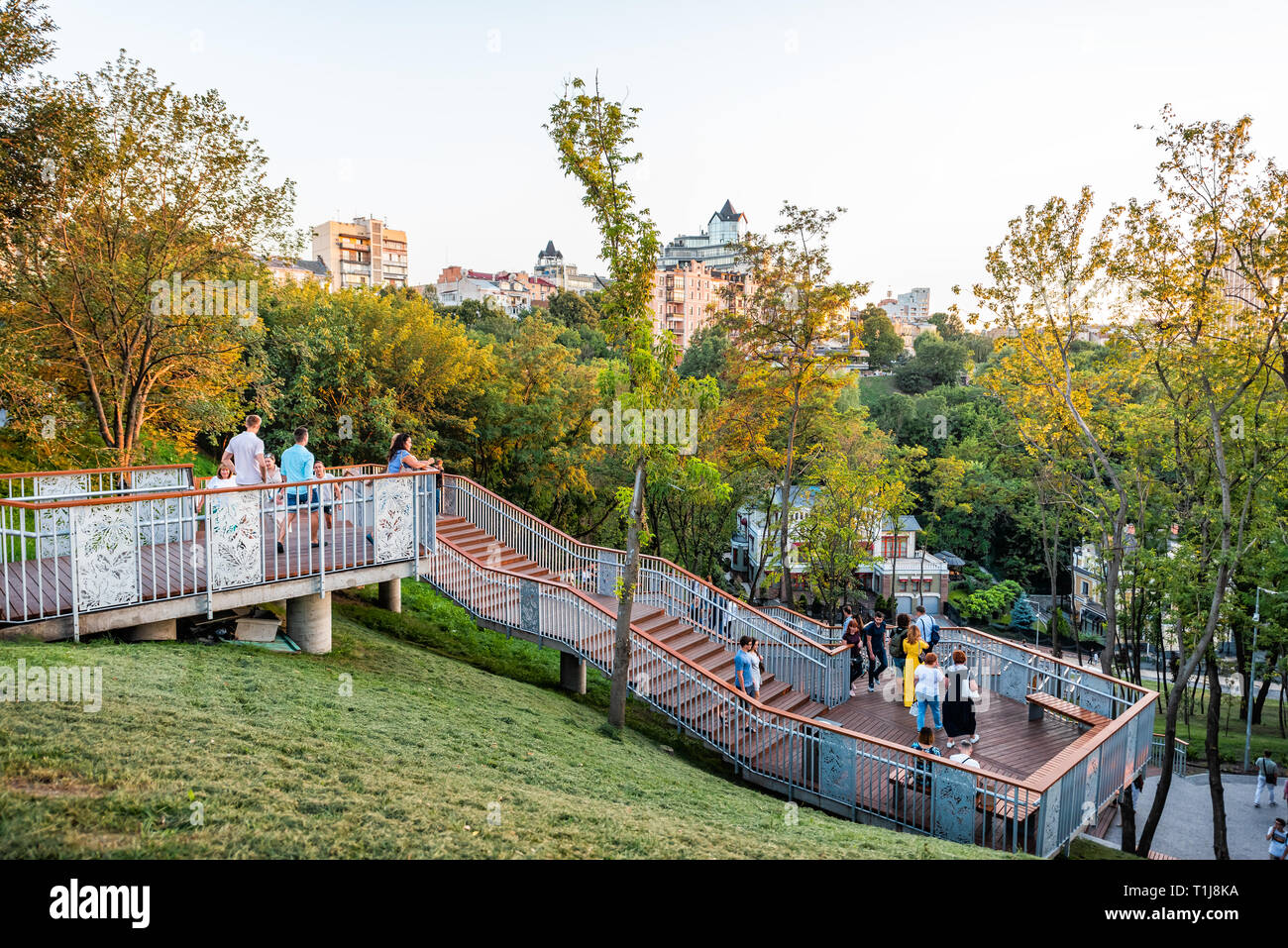 Kyiv, Ukraine - August 10, 2018: Landscape Peizazhna alley in Kiev capital city during sunset sunlight with view down of modern stairs staircase steps Stock Photo