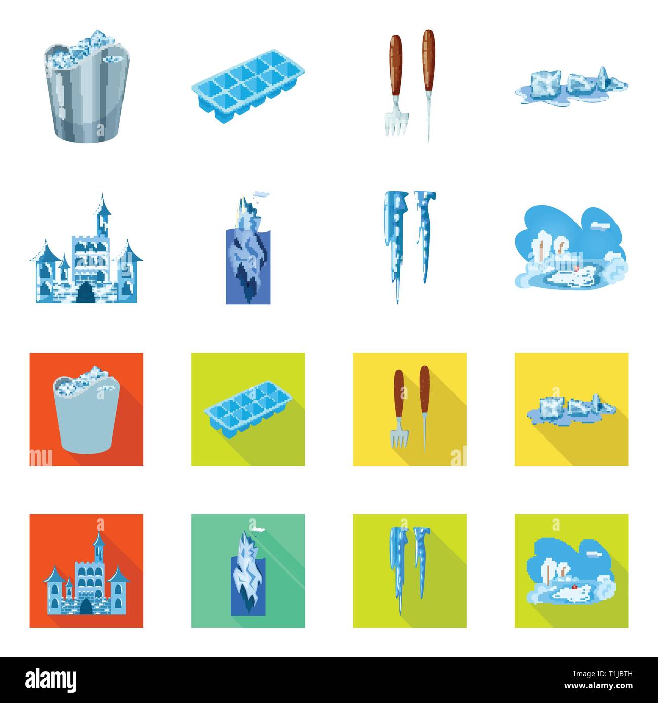 bucket,freezer,knife,cube,castle,iceberg,icicle,pond,ice,fork,packaging