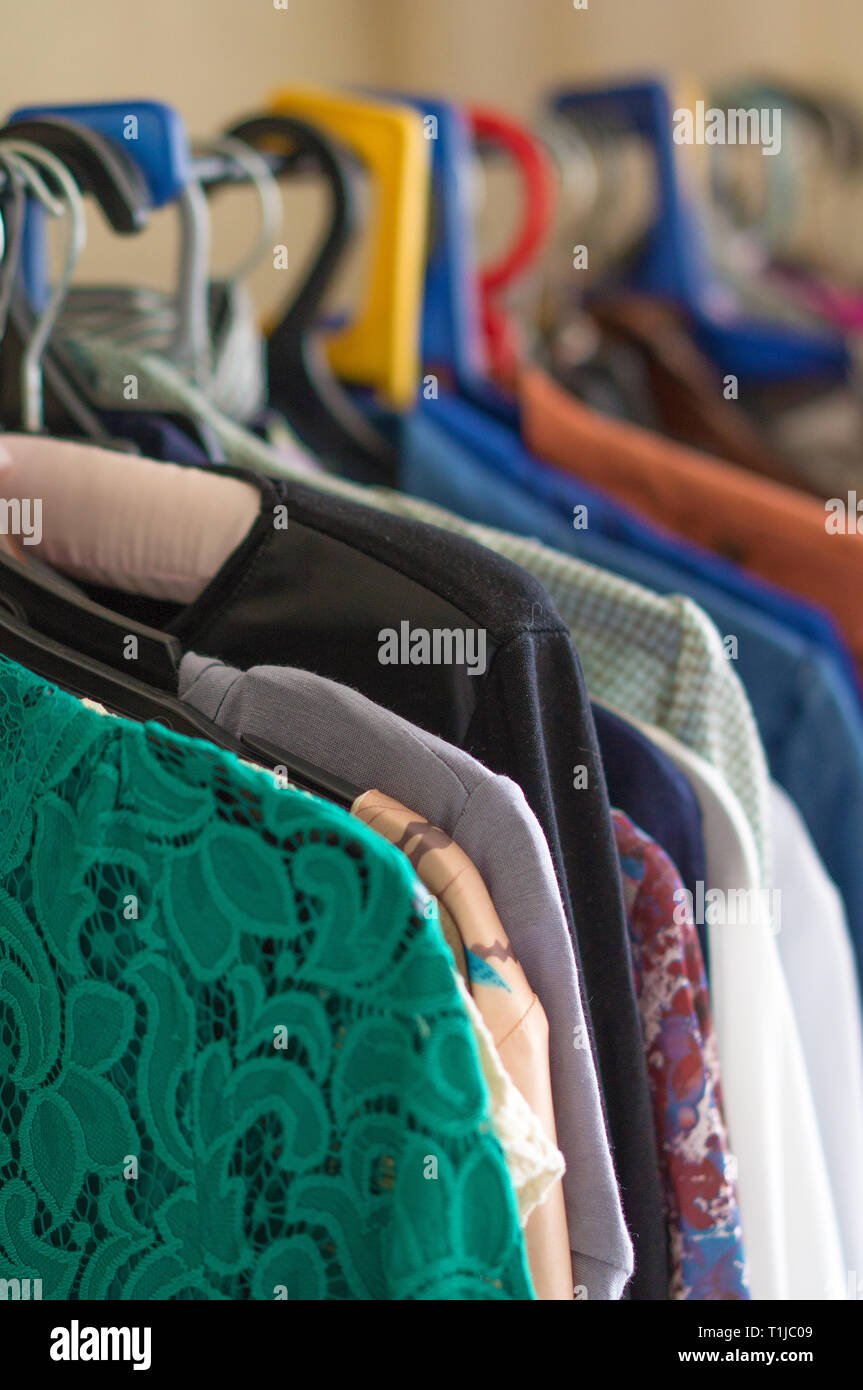 Fashion Clothes On Clothing Rack Bright Colorful Closet Closeup
